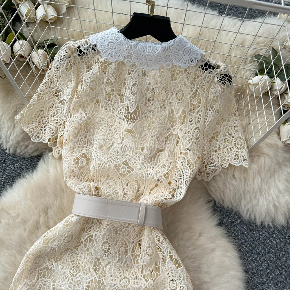 Sexy Chic lace Embroidery Turn-down Collar Dress vintage Elegant Korean Fashion Party Basic Slim Summer dresses