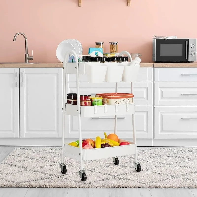 3-Tier Rolling Cart, Metal Rolling Storage with Lockable Wheels & Hanging Cups & Hooks, Mobile Trolley Cart for Kitchen