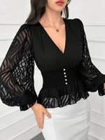 Women's Elegant and Fashionable V Neck Lantern Sleeve Waist Shirt - Image 3