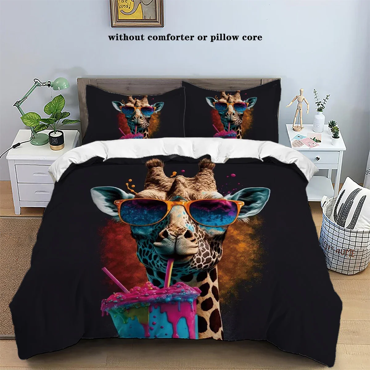 3-piece down duvet cover set with rock animal giraffe cat pattern print (1 duvet cover+2 pillowcases, no core) bedding set
