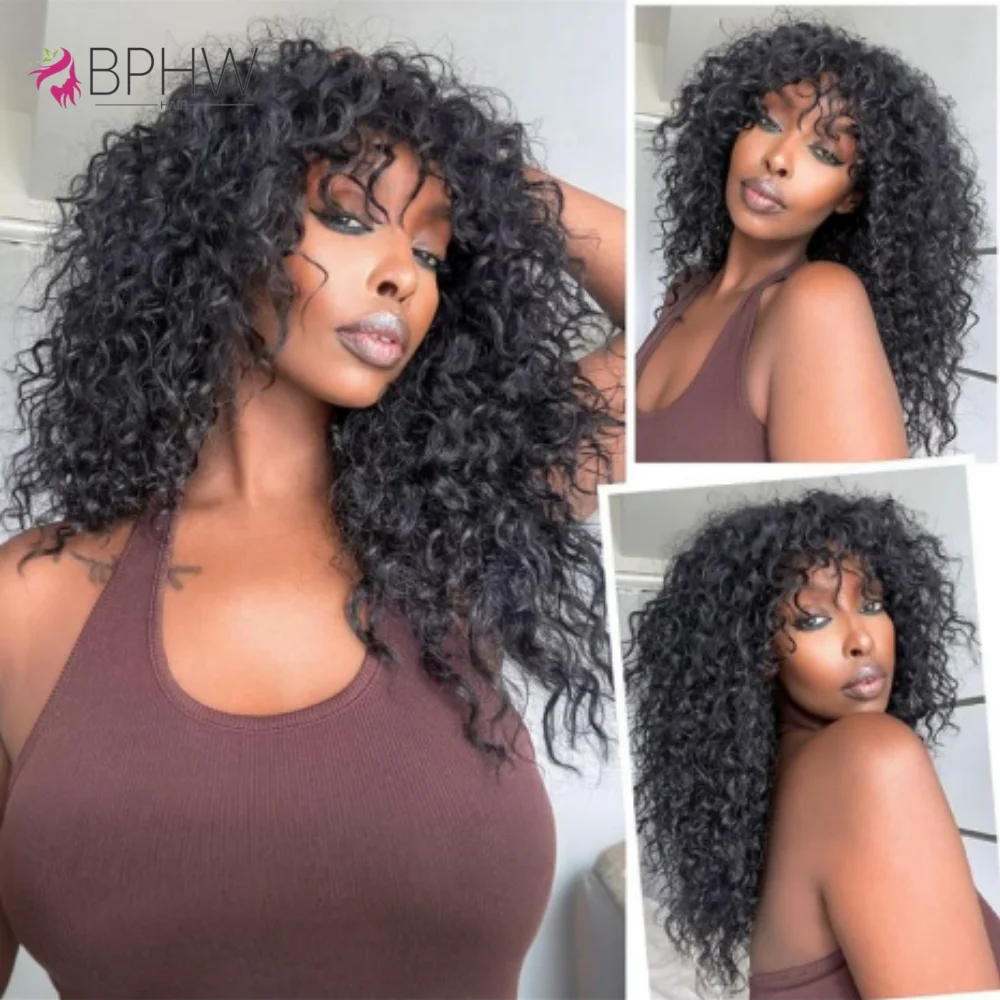 Water Wave Human Hair Wigs with Bangs Brazilian Human Hair For Women 180% Density Machine Made Deep Wave Curly Wigs Long human hair wigs