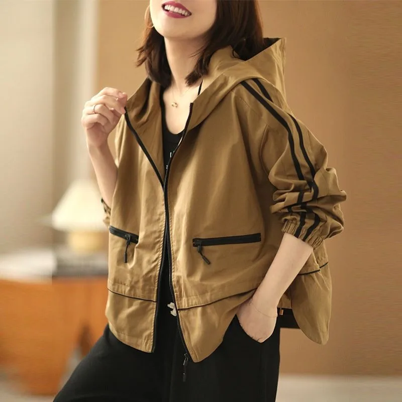 

Spring and Autumn Khaki Black Casual Coat Womens New Long-Sleeved Hooded Jacket Loose Plus-Size Zipper Pocket Female Windbreaker