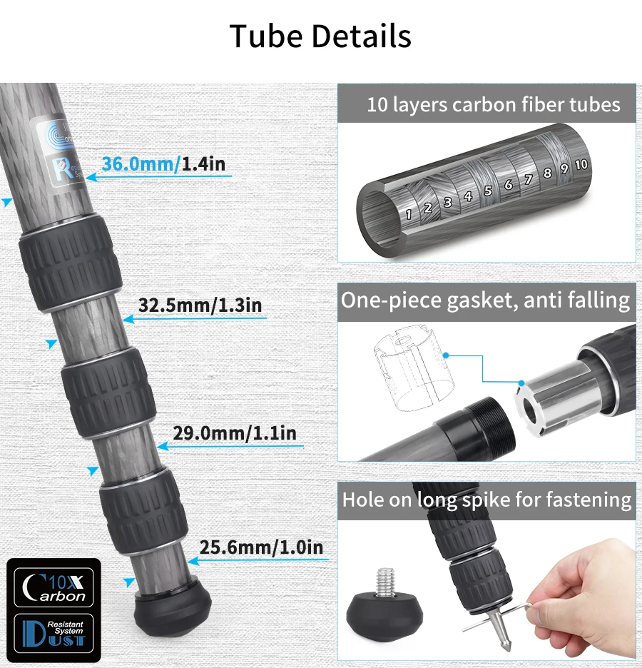 KT364C Professional Carbon Fiber Tripod for DSLR Camera Heavy Duty 36mm 10 Layer