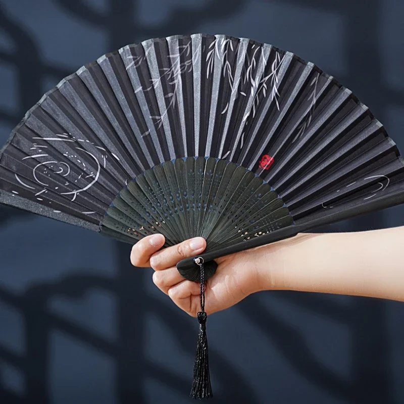 1Pc Chinese Retro Style Bamboo Folding Hand Fan folding fan hand fan silk fans with Tassel Silk Cloth Landscape Painting Traditional Art for Dancing Hanfu
