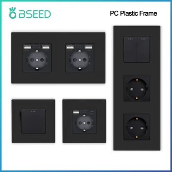 BSEED EU Button Switches With Power Socket 1/2/3Gang 1Way Electrical Outlets With USB Type-C Wall Socket 16A Plastic Panel
