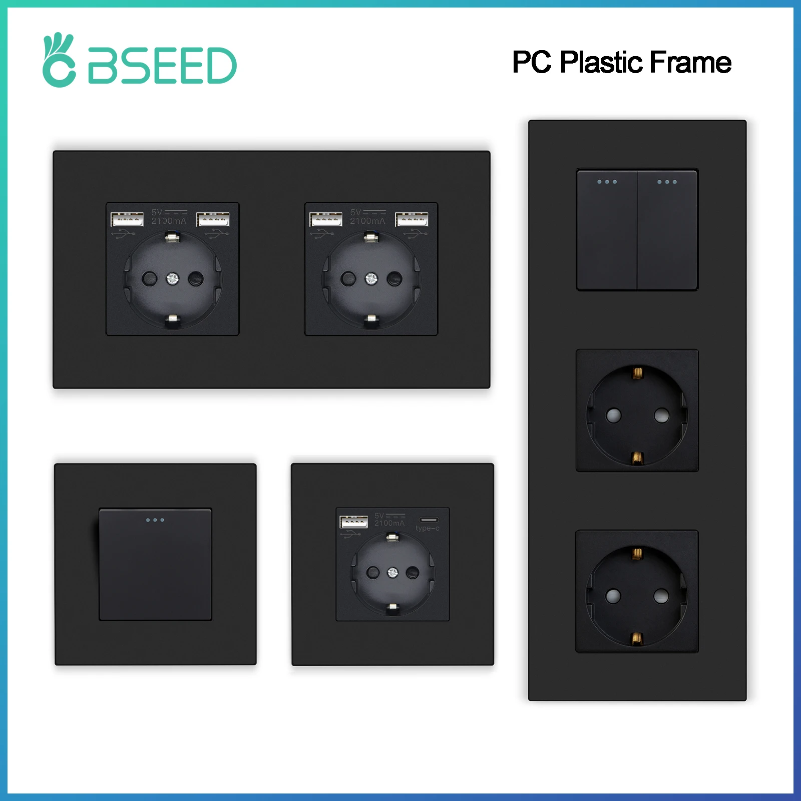Bseed-eu Interruptores de Botão com Tomada de Energia Tomadas Elétricas Usb Tipo-c Tomada de Parede 1way Gangues Gangues 16a Painel de Plástico
