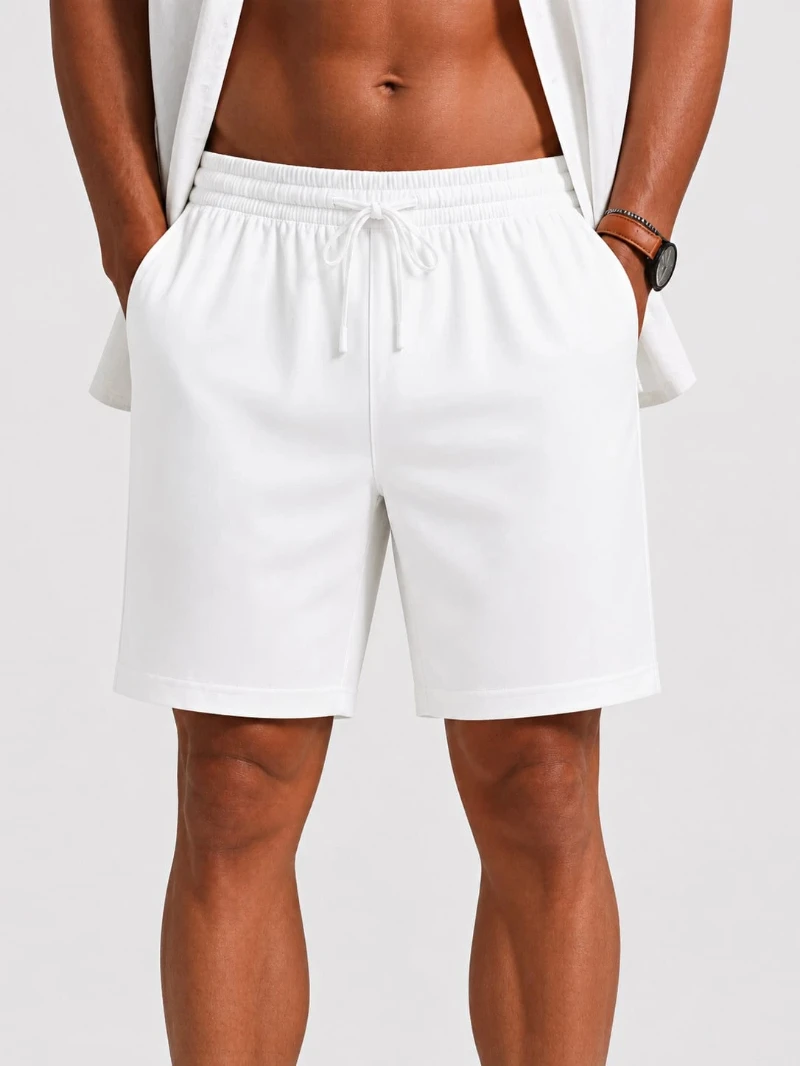 Men's Casual White Cotton Shorts with Elastic Waist