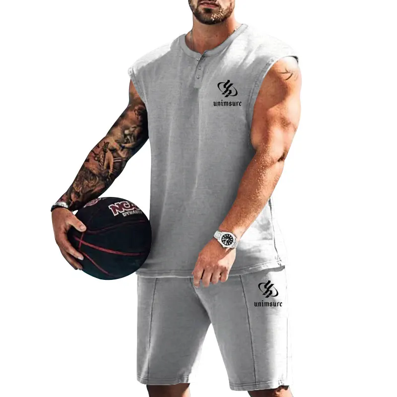 The New Summer Men's Tracksuit Simple Printed Henley Collar Sleeveless Vest And Shorts Two-piece Casual Fitness Training Wear