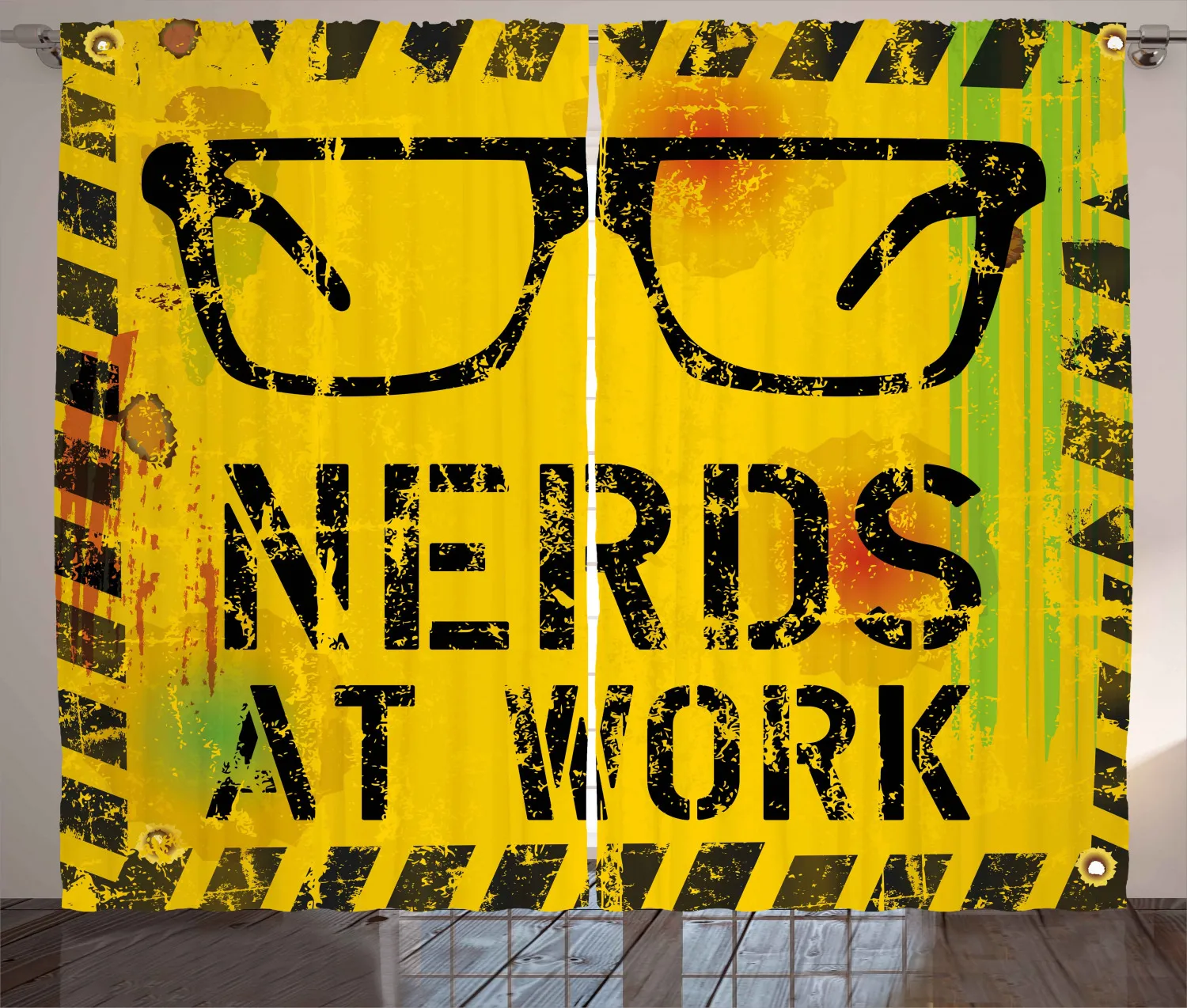 Retro Nerd Curtains Funny At Work Text and Glasses Satin Fabric Drapes for Living Room Bedroom 2 Panel Window Set | Дом и сад