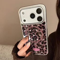 Korean Leopard Print Glitter Love Heart Magnetic Phone Case - Shockproof Cover with Foldable Bracket - iPhone 15 Plus (Only A case)