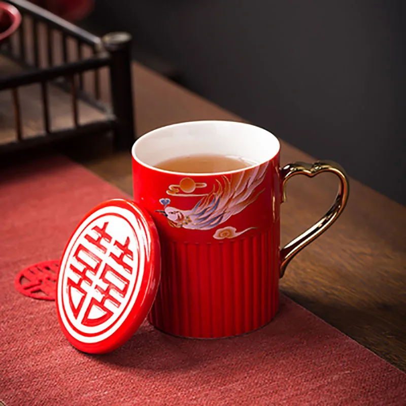 Ceramic Mug with Lid, Red Tea Cup, Wedding Drinking Cup, Lovers Mouthwash Cup, Pair Cup, Wedding Supplies