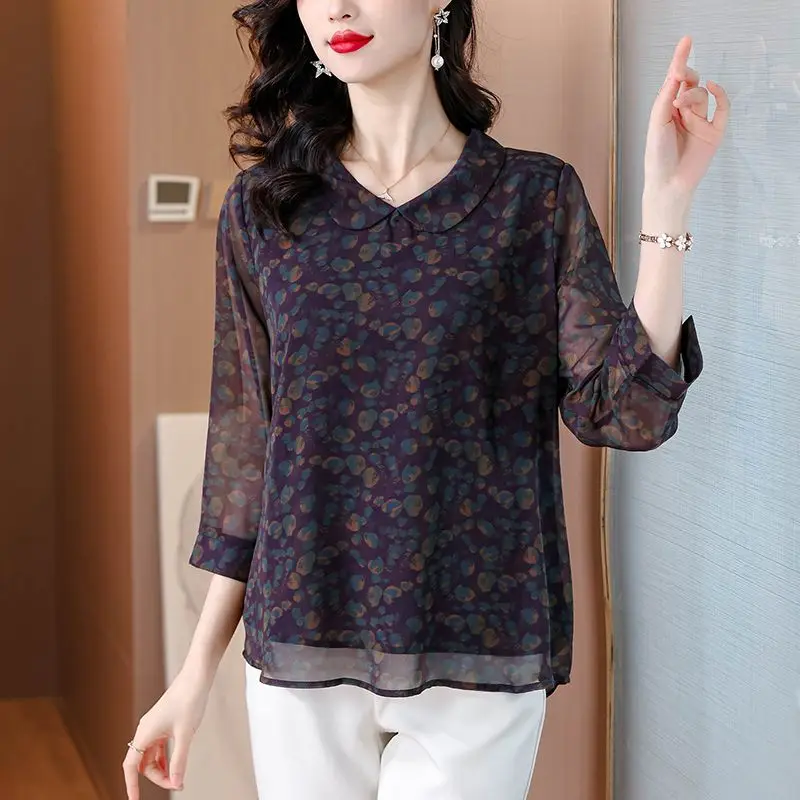 

Casual Peter Pan Collar Shirt Spring Summer New 3/4 Sleeve Women's Clothing Vintage Stylish Printed Commute Loose Spliced Blouse