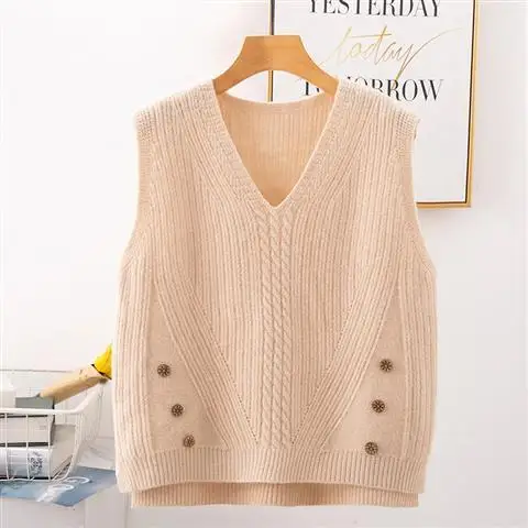 

Beige 2022 Spring Autumn Women's V-neck Girls' Sweater Vest Loose Knit Outer Wear Leisure Student Coat Top Cloth for Women Girl
