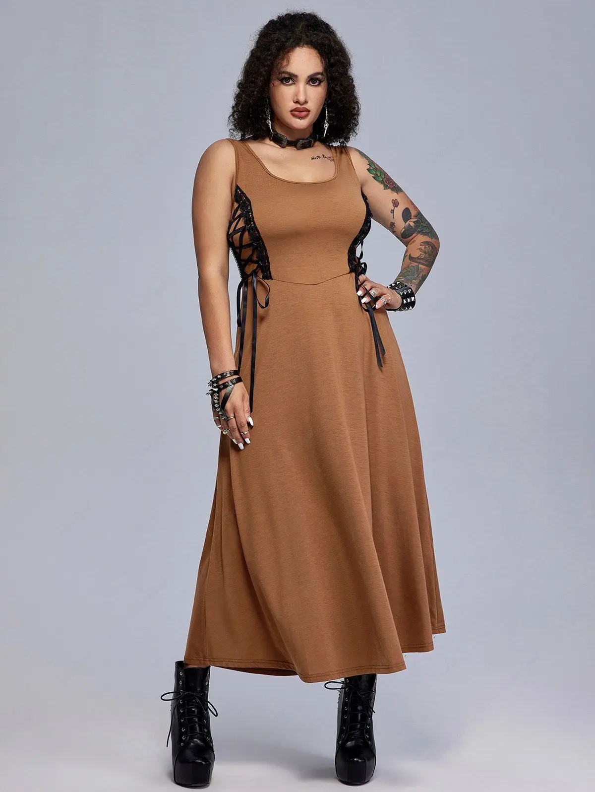 

Kenancy Gothic Lace-up Maxi Sleeveless Dress Earth Color Long Plus Size