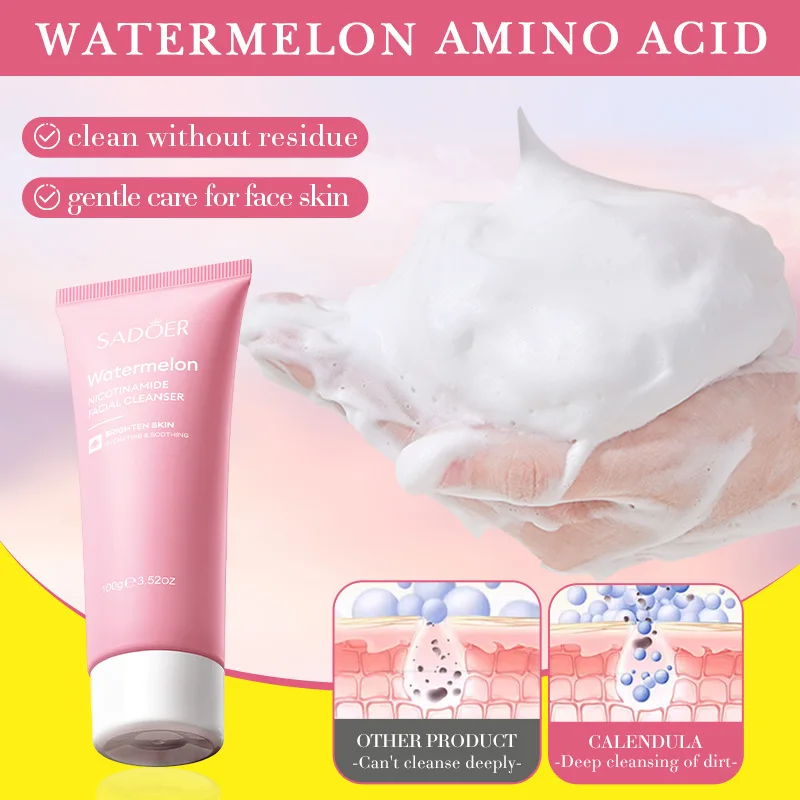 SADOER Watermelon Niacinamide Facial Cleanser Deep Cleansing Moisturizing Face Wash Foam Cleanser Face Cleansing Skin Care 4