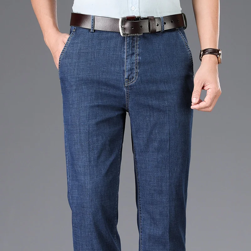 

2023 Classic Style Summer New Men's Straight Thin Jeans Business Casual Stretch Trousers Male Brand Pants Blue