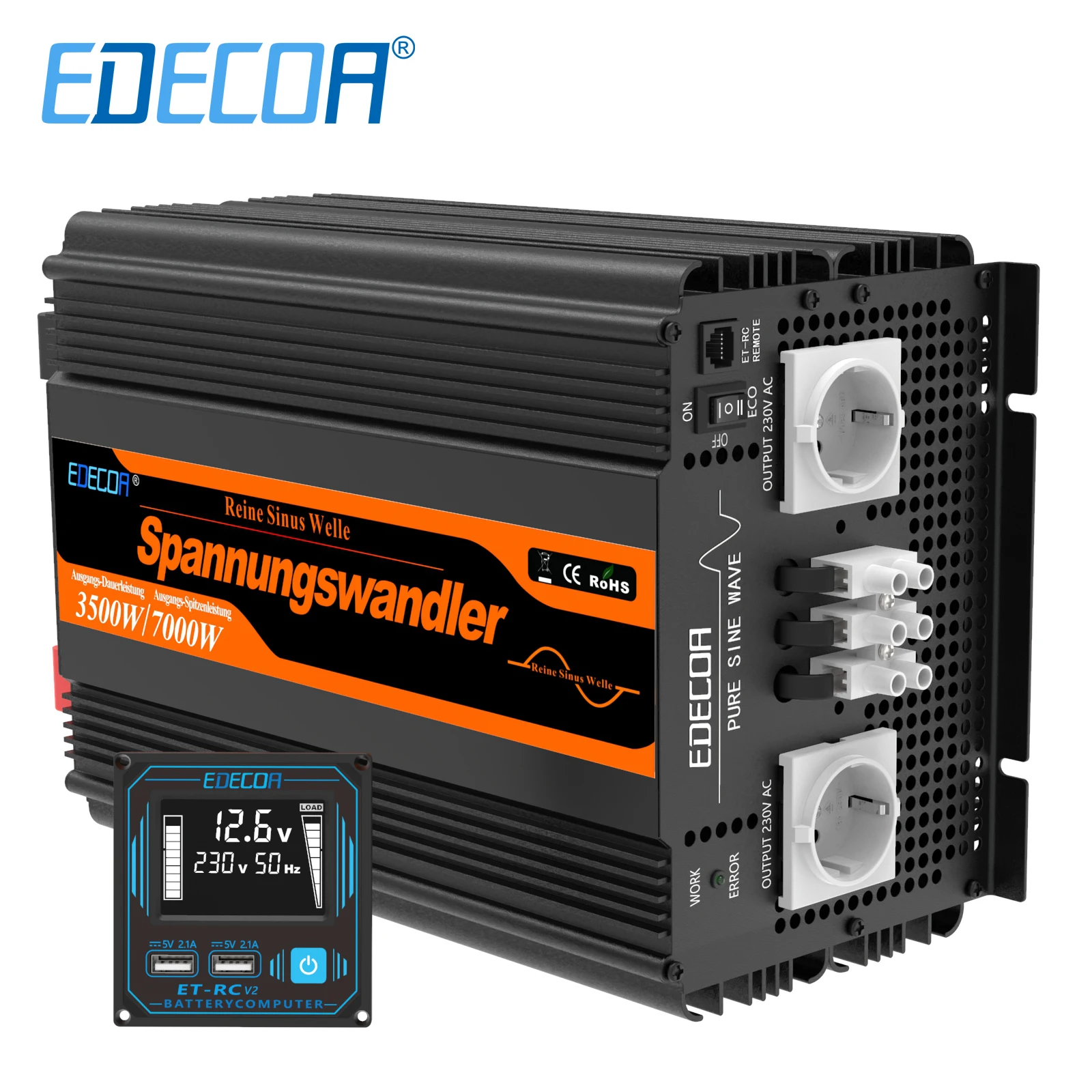 EDECOA Convertisseur Pur Sinus 12v 220v Onduleur 2500w Avec Télécommande Onduleur Onde Sinusoïdale Pure Convertisseur 12v 230v (2500w Pro - Foto 1