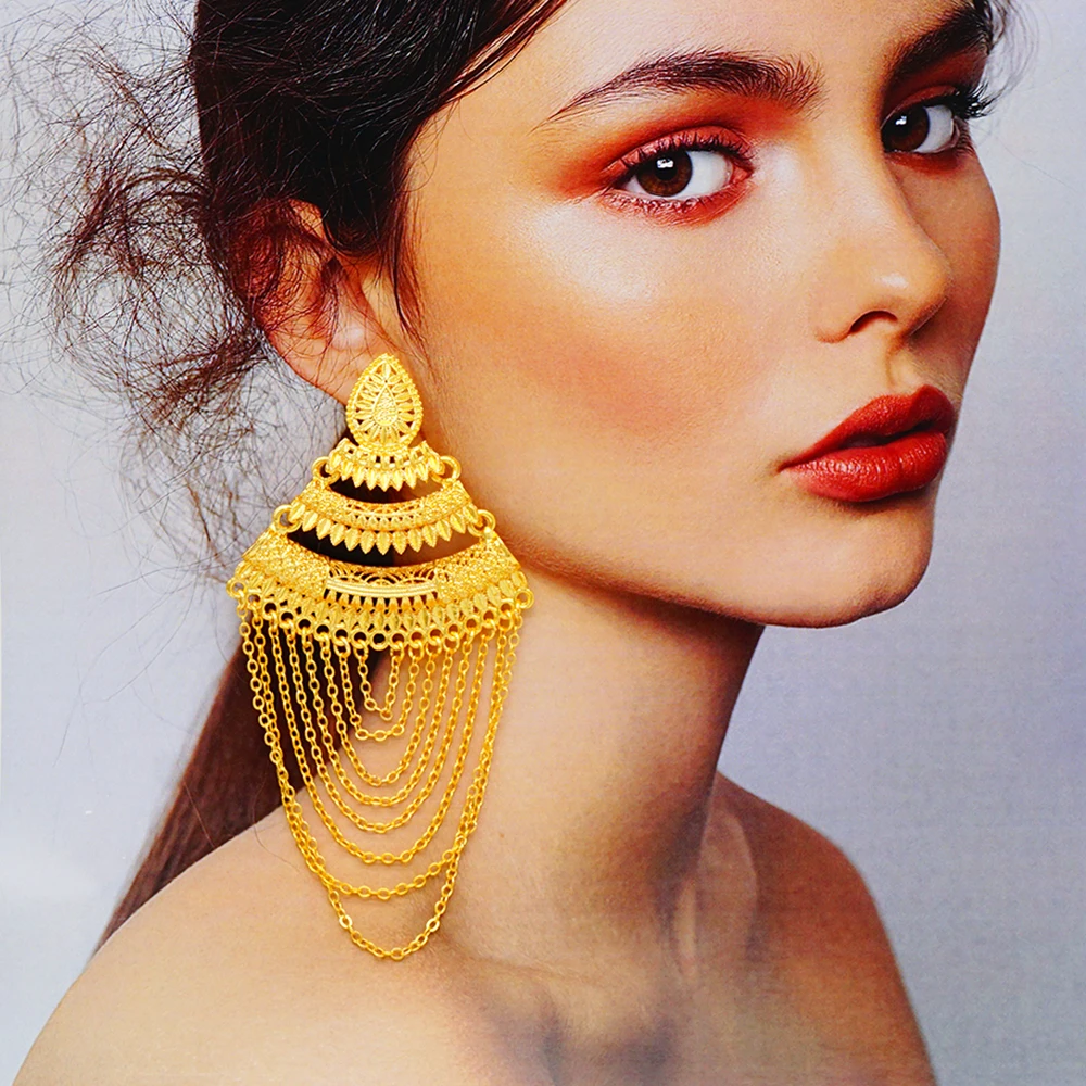 Luxury African Gold Color Tassel Drop Dangle Earring For Wedding Party Jewelry Dubai Arabic Indian Copper Long Hanging Earrings