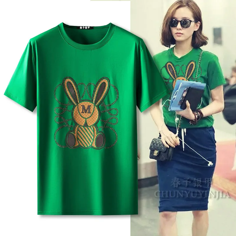 

Chun yu yin jia rabbit pattern Designer bunny Pattern Rhinestone Short-Sleeved tShirt Black White for luxury women tee