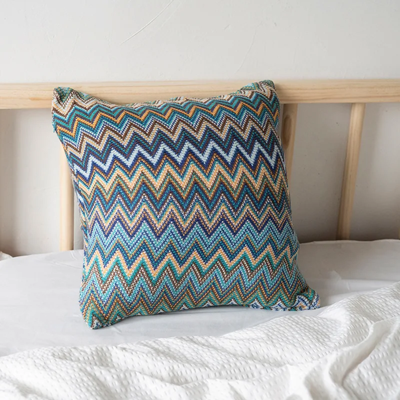 Knitted Cushion Cover Soft Boho Orange Green Flocking Pillow Case 45cm*45cm for Home Decoration Living Room Bed Room