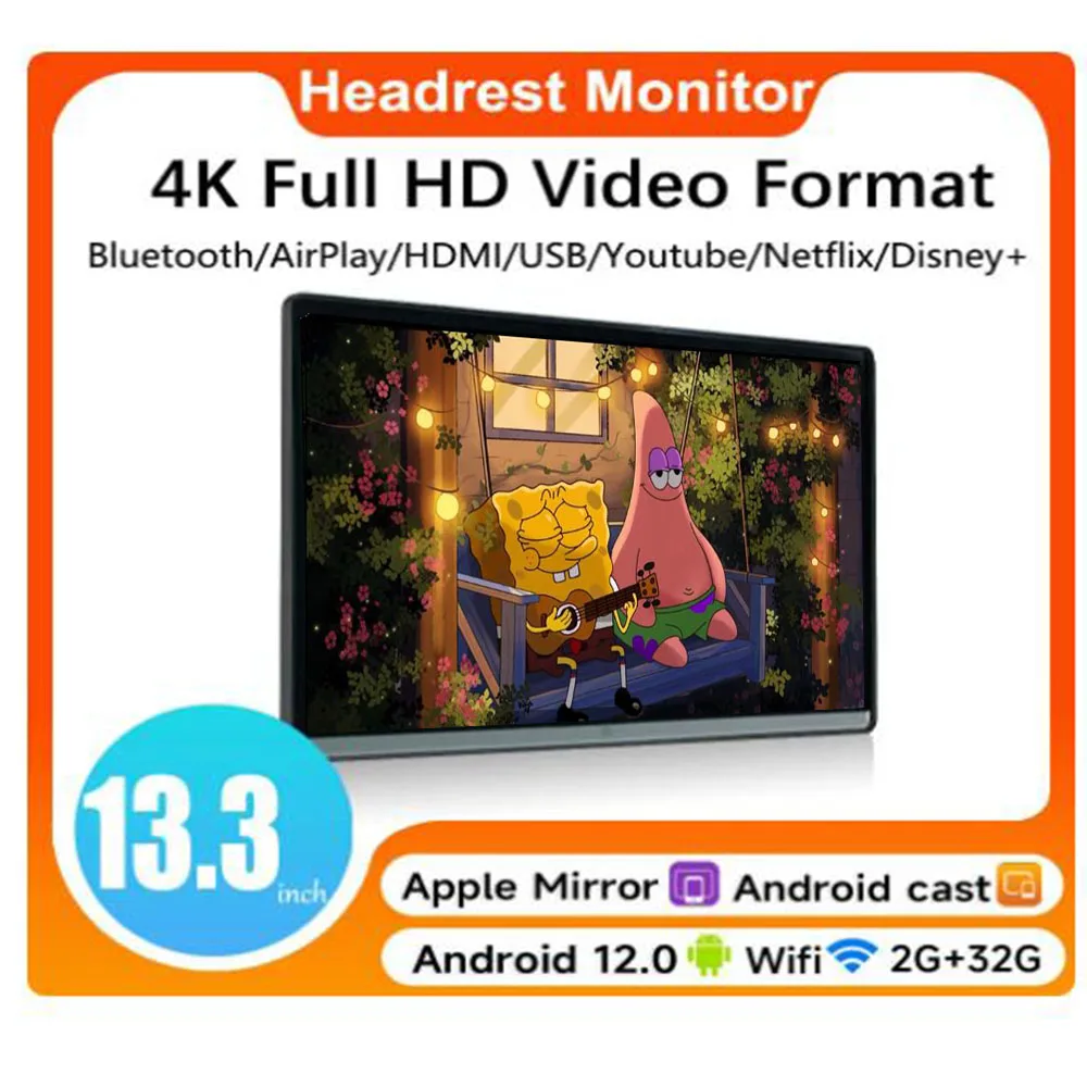 

14" Car Headrest Monitor Display IPS Android 12 Touch Screen For Car Rear Seat Player Video Music FM Bluetooth AirPlay Dual HDMI