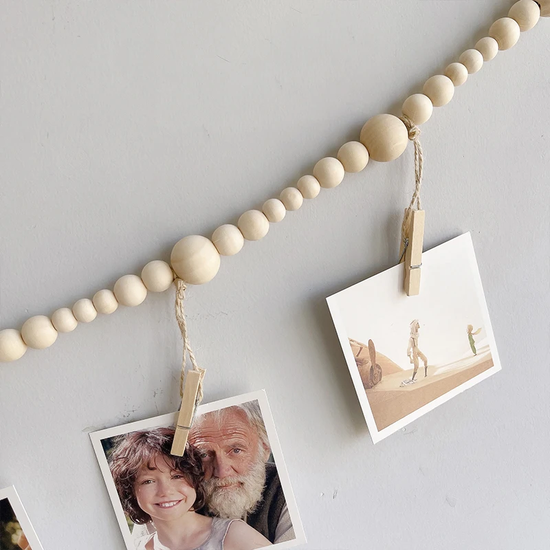 Wall Hanging Photo Display With Clips Wooden Beads Garland Collage Picture Frame DIY Wall Decor Photo Holder Multi-style Frame