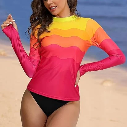 Women Rashguard Skin-Friendly UPF 50+ Long Sleeves Crew Neck with Thumb Holes Printed Surfing Shirt Swimsuit