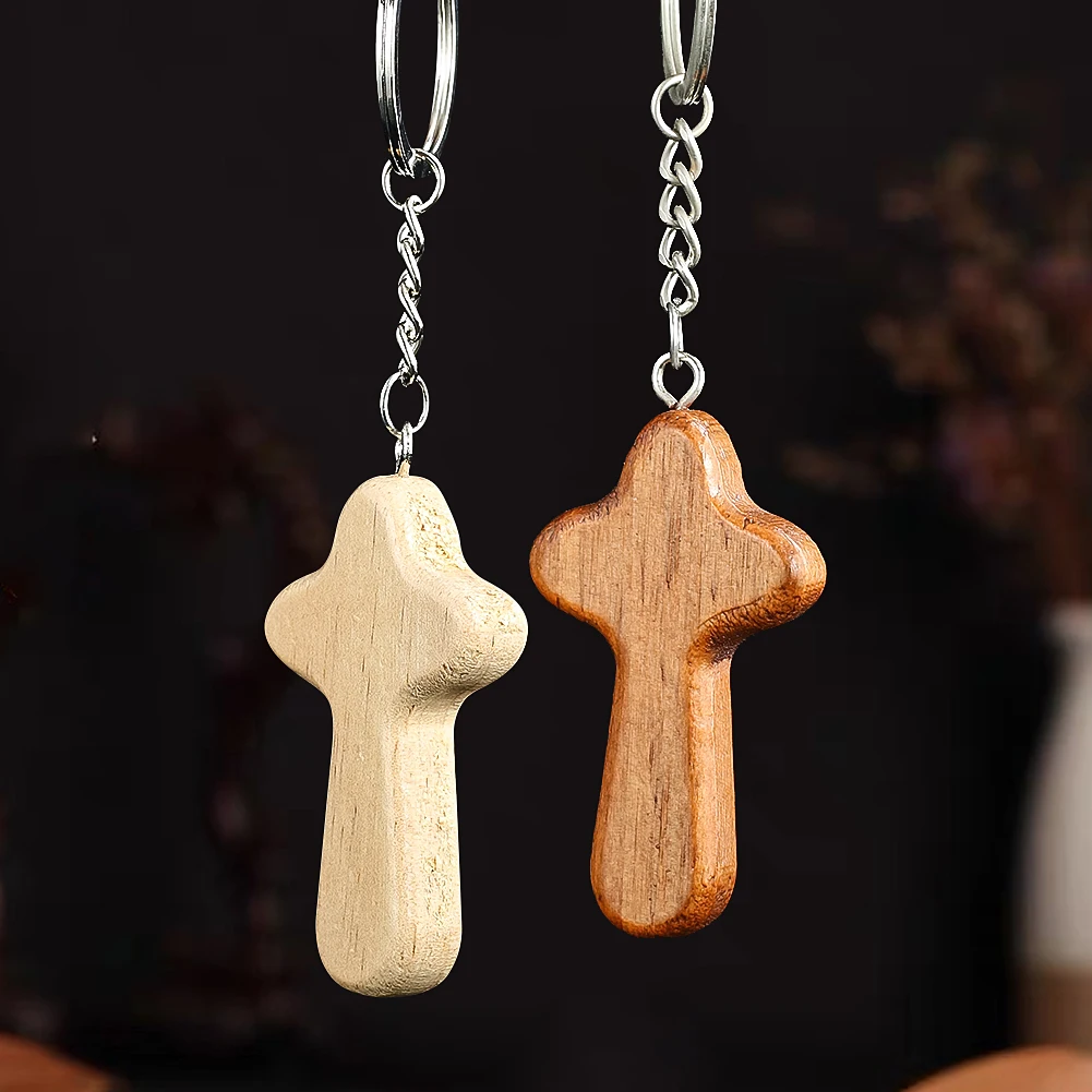 Creative Cross Pendant Keychain Wooden Crafts Car Keyring Backpack Pendant Key Holder for Prayer Unisex Christian Jewelry Gifts