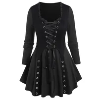 ROSEGAL Plus Size Gothic Lace-up Grommet Ruffles Tee Renaissance Costume Tops Women's Autumn Winter Long Sleeves Blouses