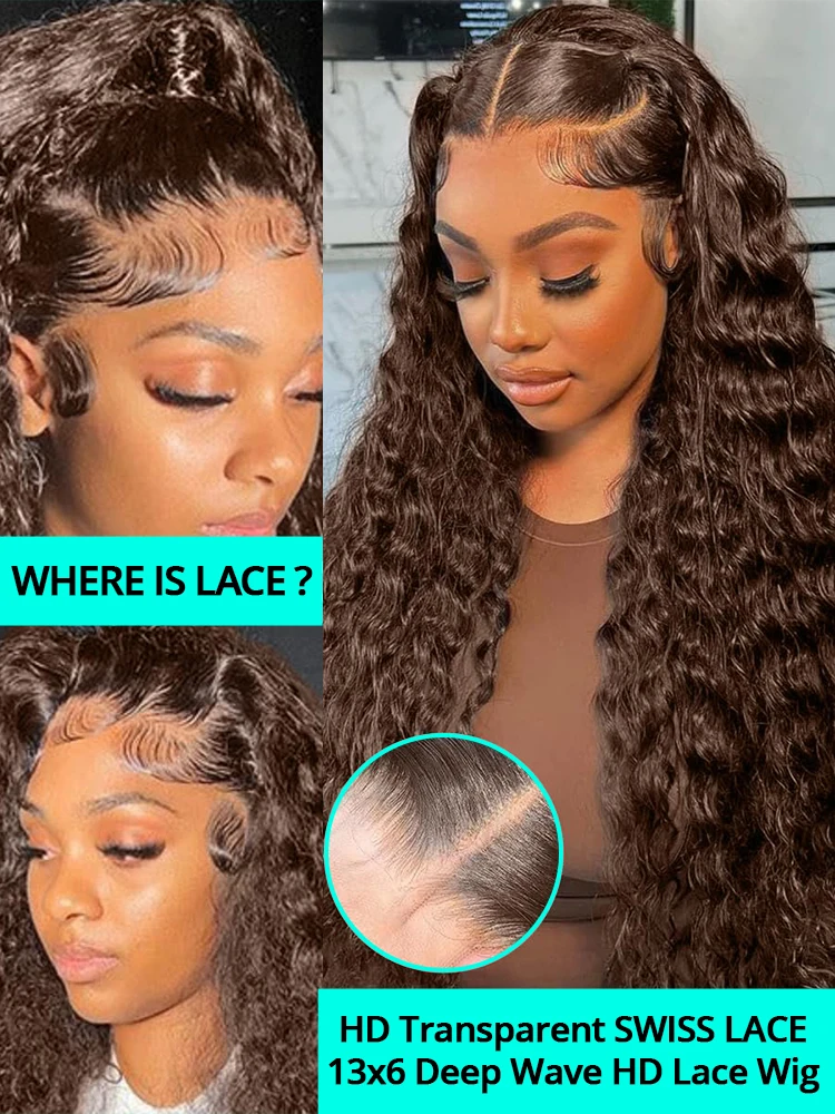 200% Chocolate Brown Deep Wave Human Hair Wig 30 34Inch Transparent Lace Frontal Wigs For Women 13x6 Lace Front Water Curly Wigs