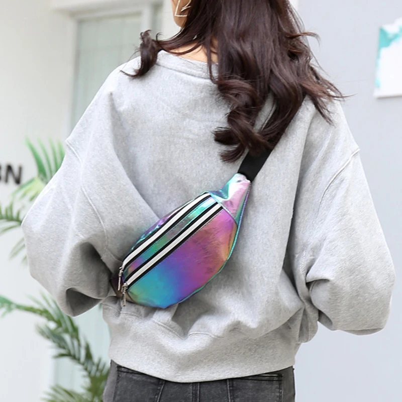1PC New Holographic Fanny Pack Hologram Waist Bag Laser PU Beach Travel Banana Hip Bum Zip Waist Bags Women Belt Bag for Girls