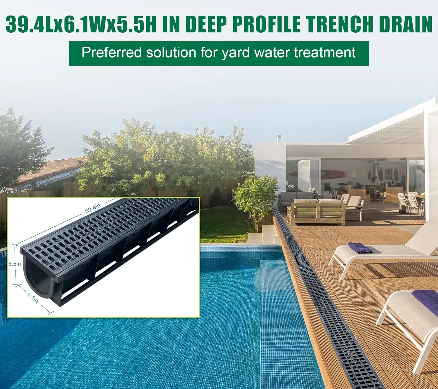 NEW-39.4Lx6.1Wx5.5H in. Channel Drain with Grates,6 Pack Total Length 236.22 in, Plastic Yard Drainage System
