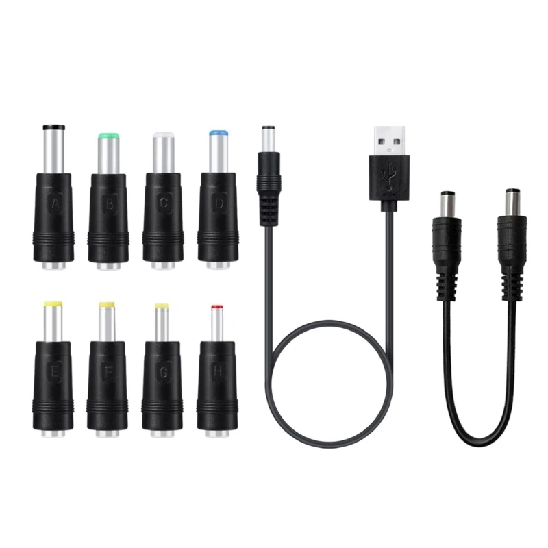 F3KE USB to DC5521 5V 전원 코드 DC5.5x2.1mm 충전 케이블(8개 교환 가능 커넥터 포함) 팁 세트 1M 케이블 
