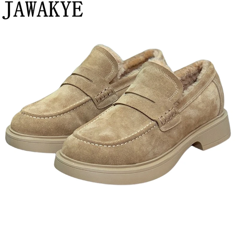 

Winter Thick Sole Real Suede Fur Loafers Shoes Women Brand Round Toe Plush Flat Platform Shoes Casual Warm Wool Snow Boots Femme