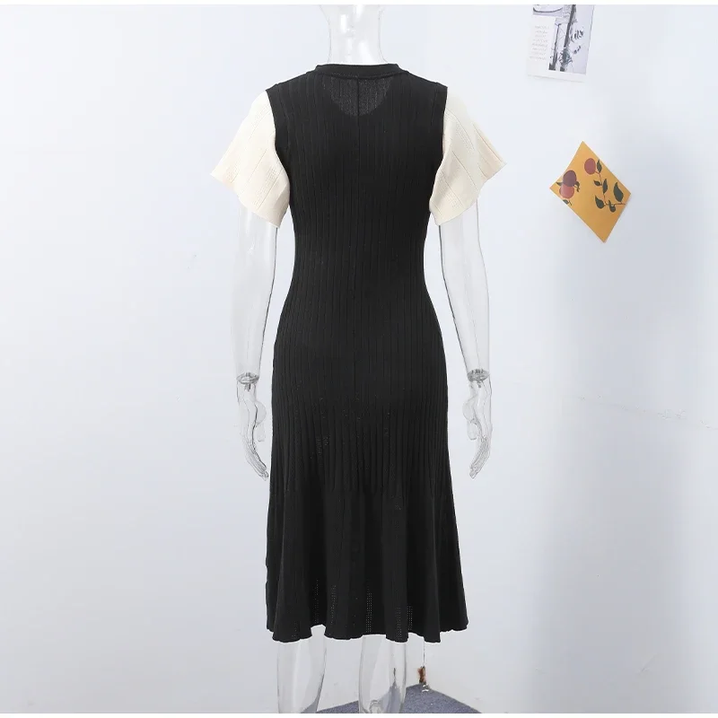 Knit Solid Women's Dress Short Sleeve O Neck Lady Dresses 2025 Elegant Summer Single Breasted Hip Package High Waist Female Rube