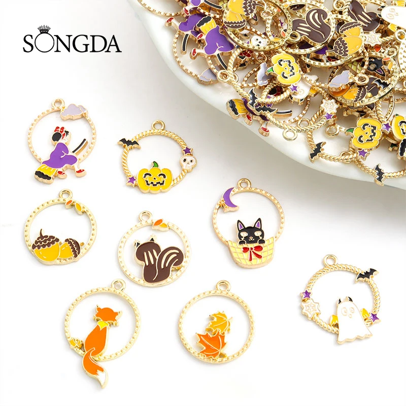 

10pcs Halloween Witch Pumpkin Ghost Enamel Charms Cartoon Animals Alloy Pendant For Making DIY Handmade Souvenir Gifts Accessory
