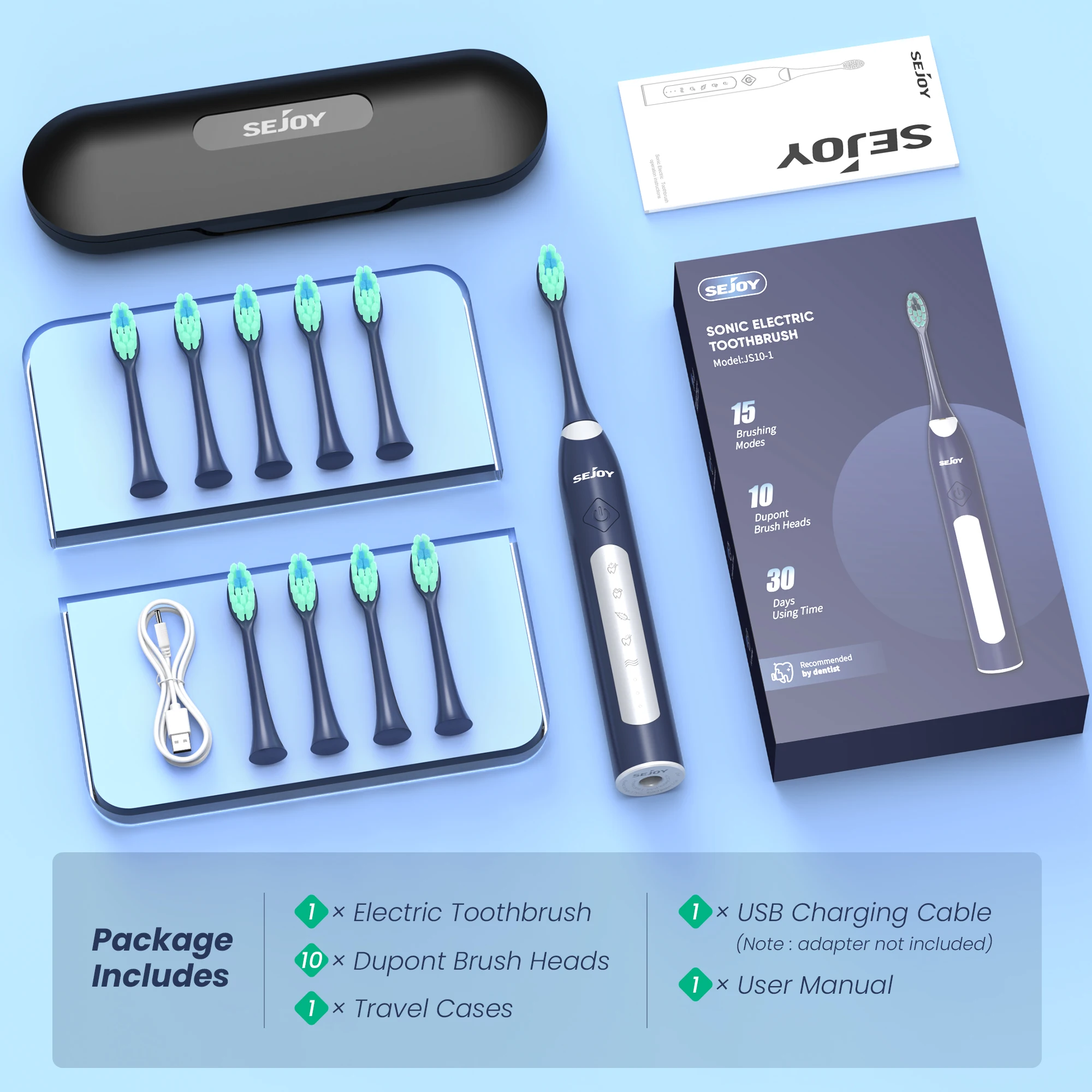 Sejoy Sonic elektrische Zahnbürste für Erwachsene mit 10 Ersatzköpfen, wiederaufladbare, wasserdichte elektronische Zahnbürsten – Detail 11