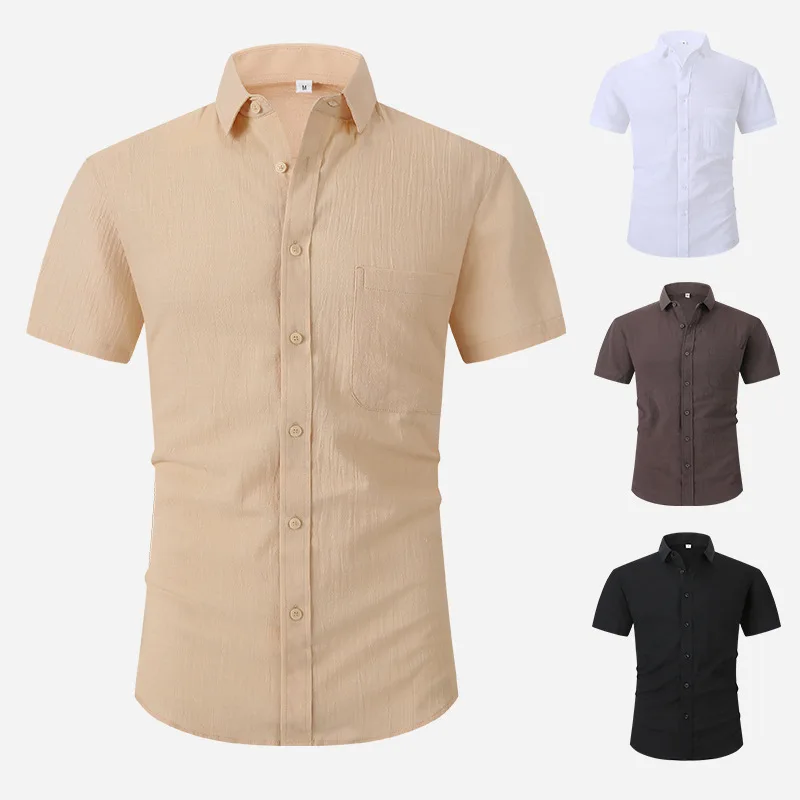 

2023 Summer New Simple Solid Color Men Short Sleeve Shirt Comfortable Linen Mens Lightweight Top Casual Loose Male Shirts