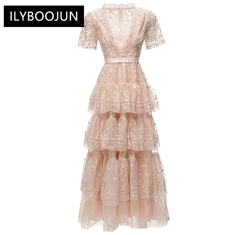 

Autumn Mesh Dress Women V-Neck Short Sleeve Flower Embroidery Cascading Ruffles Long Dresses For Women 2023 Luxury High Quality