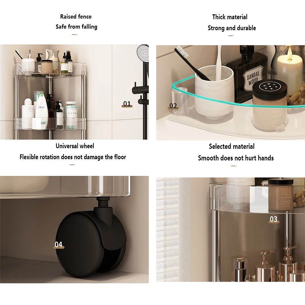 Stainless Steel Wheeled Corner Storage Shelf Transparent Corner Rack Floor Toilet Bathroom Triangle Storage Rack Gap Multi-layer