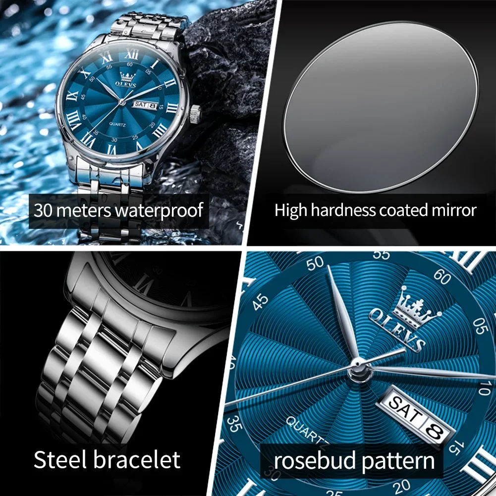 OLEVS 3663 Men Watch Fashion Business Roman Scale Luminous Waterproof Double Calendar Men Quartz Watch Top Luxury Brand Watch 5