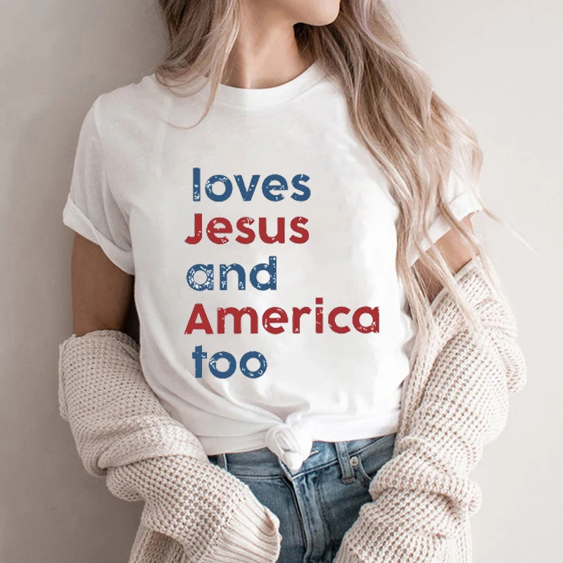 Loves Jesus and America Too Shirt for women Patriotic Christian t-shirts Independence Day tees Red White Blue tops god bless