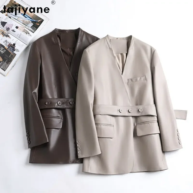 

Tajiyane 2023 New Spring Autumn Genuine Leather Jacket Women Korean Vneck Real Sheepskin Coat Fashion Belt Casaco Feminino SGG