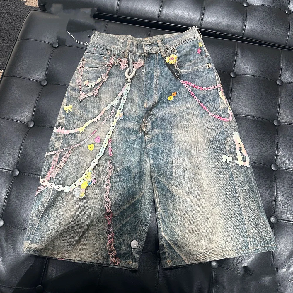 SS25 Candy Chain 3d Printed Vintage Aged Wide Leg Loose Fit Denim Shorts