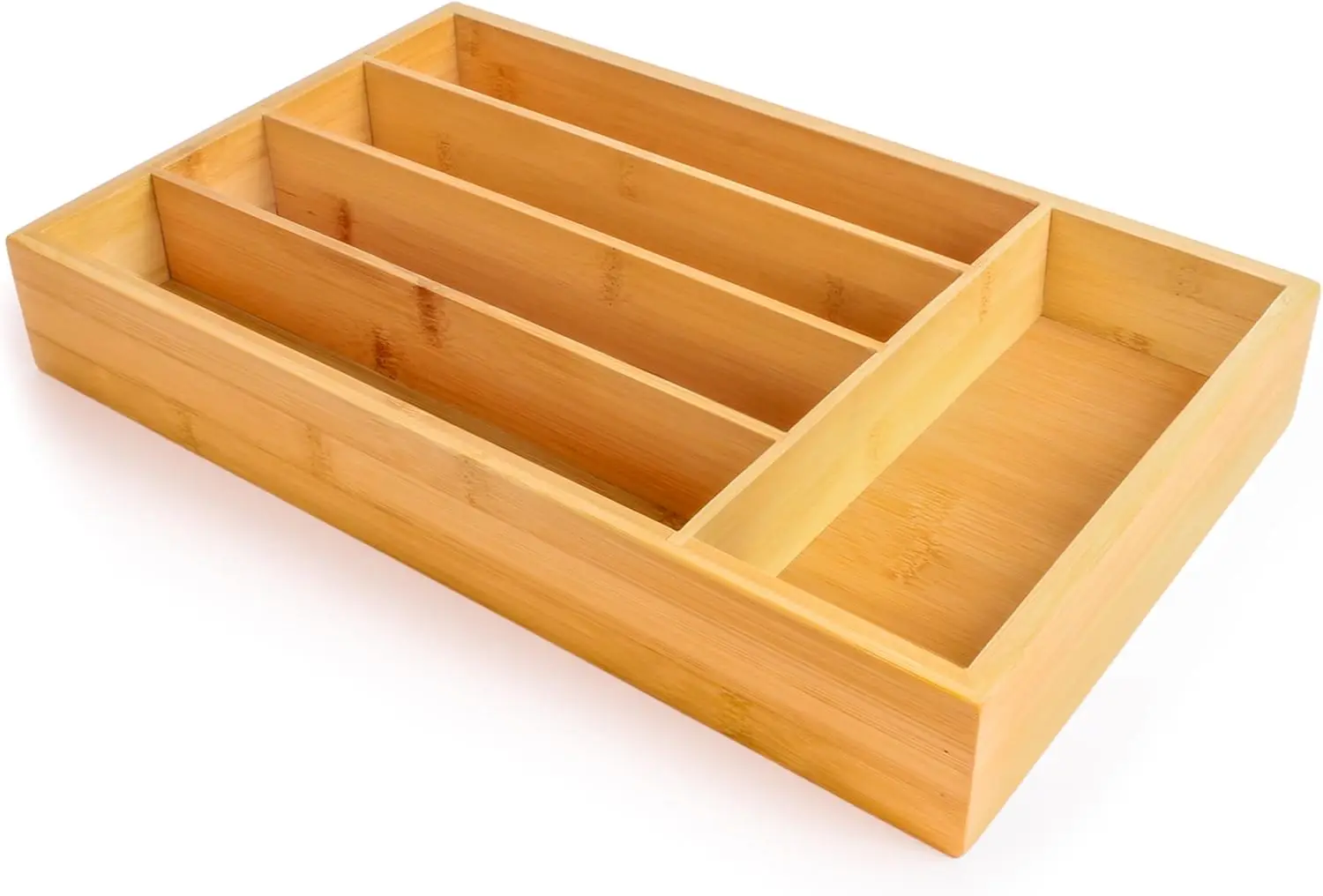 Bamboo Flatware Organizer 5-slot, 13.5" x 8.25", Natural, Fit in any size of drawer, great for spoons, forks, knives, scissors, 3