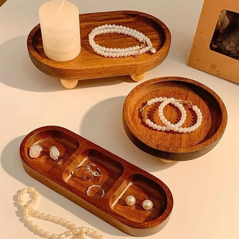 Brown Jewellery Display Trays Round Oval Desktop Ornament Display Plate Perfume Organizier Wood Candle Storage Rack Tabletop