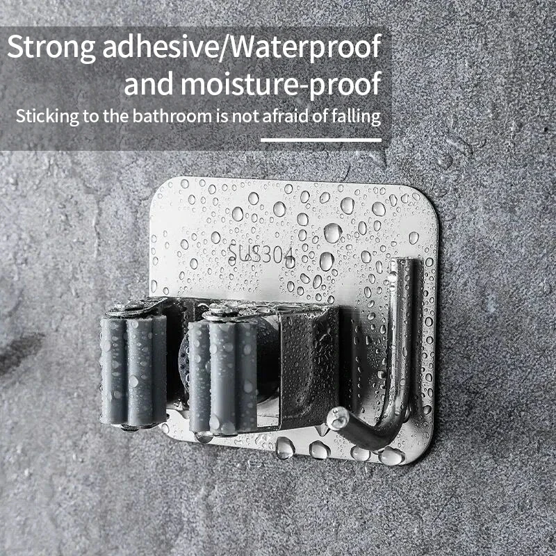 Description Picture 2 of itemMulti-Purpose Hooks Adhesive Wall Hanging Mop Rack Broom Stainless Steel Hanger Hook Kitchen Bathroom Organizer Accessories