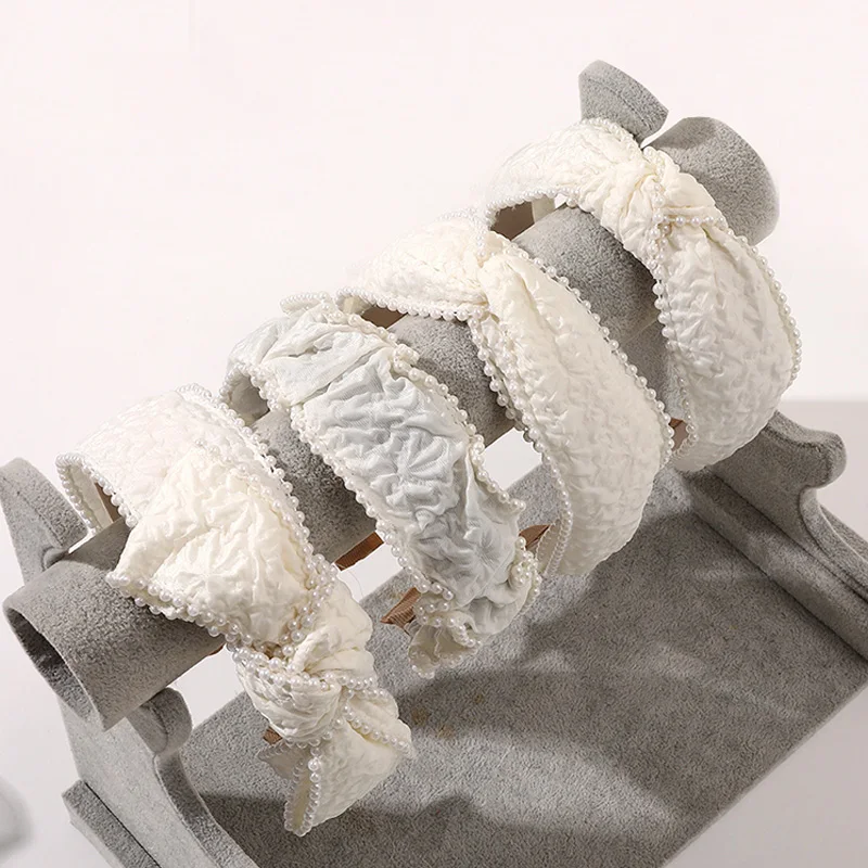 

New White Pearl Bowknot Headband for Women Girls bezel headwear non-Slip Crinkle Hairband Hair Hoop Hair Accessories Headdress
