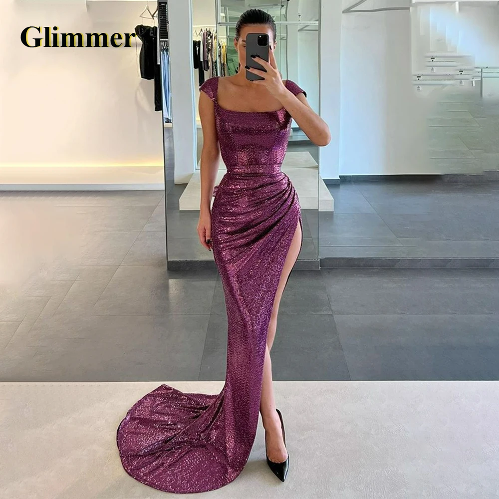 

Glimmer Bling Sequines Evening Dresses Cap Sleeves Mermaid High Slit Tulle Backless Pleat Zipper Robes De Soiree Custom Made