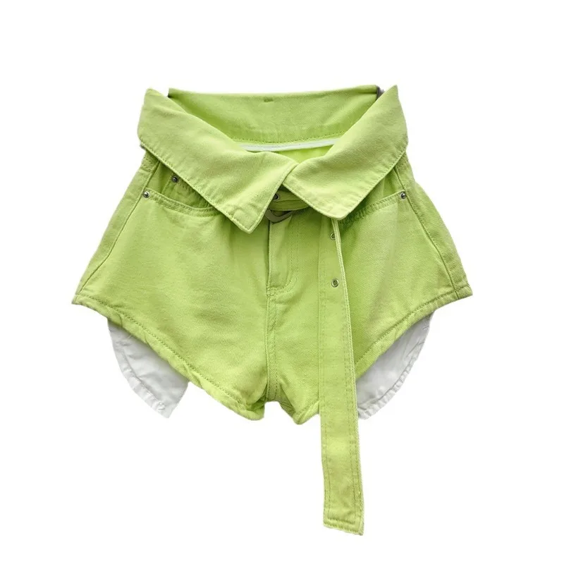 Women Shorts Green Fashion Flanging High Waist Wide-Leg A- Line Shorts 2024 Summer New Hot Girl Style Pocket Denim Hot Pants